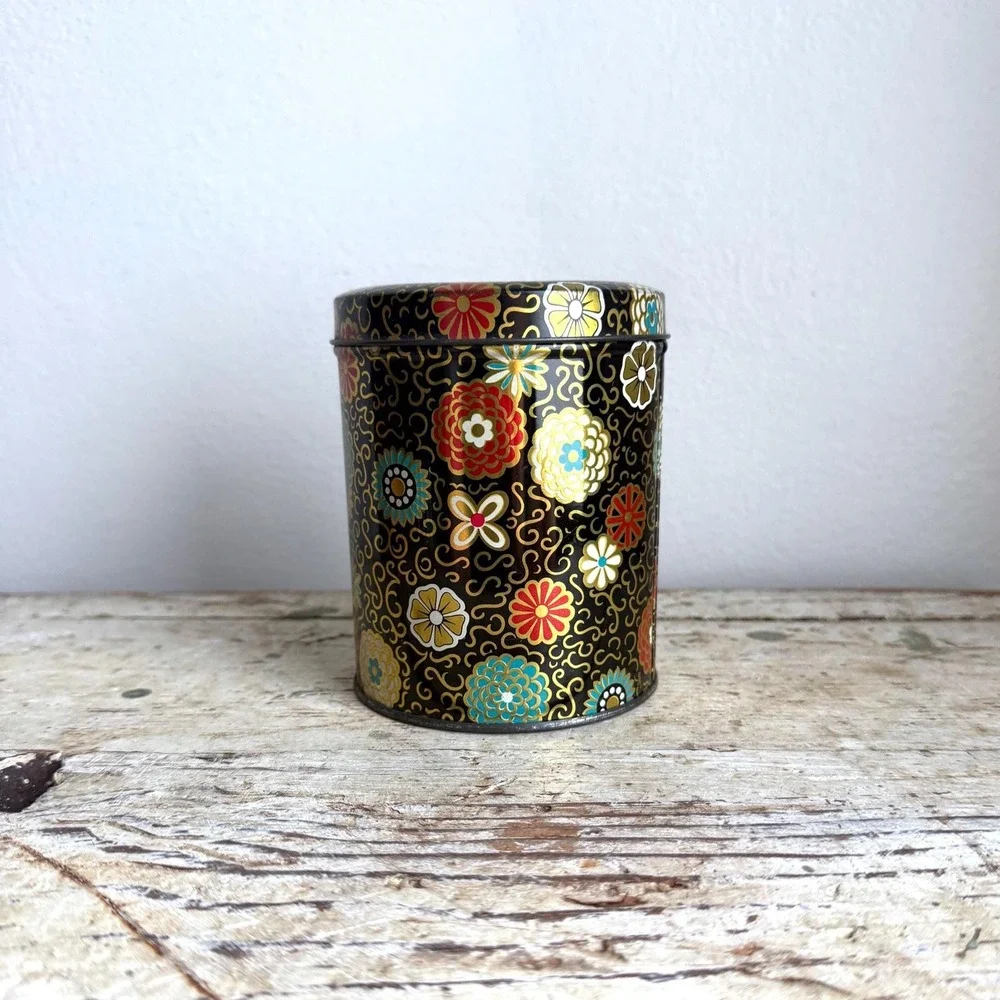 Vintage Cherrydale Farms Cashew Butter Crunch Tin Floral Cookie Storage Canister